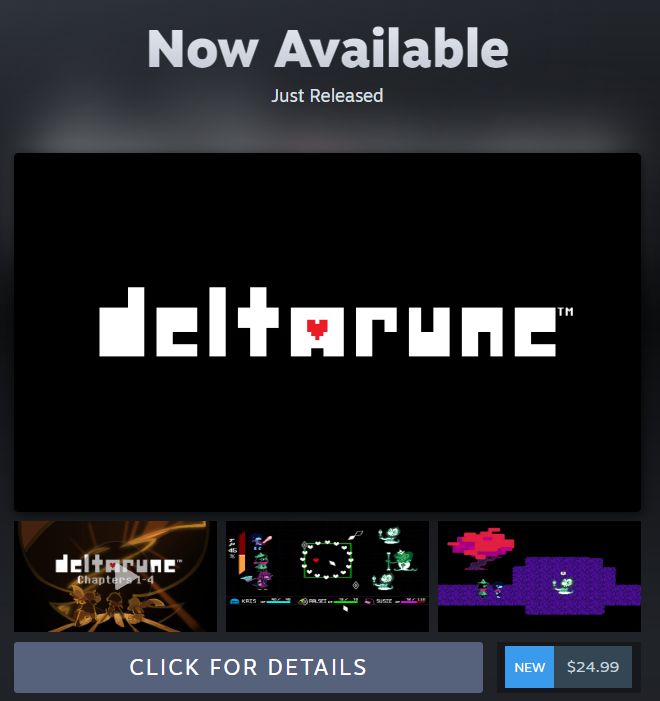 Steam screenshot of ad saying "deltarune" just released. Shows title screen and game screenshots