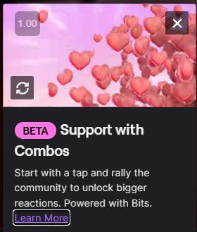 Hearts with pink backdrop and text underneath:
"BETA Support with Combos
Start with a tap and rally the community to unlock bigger reactions. Powered with Bits."