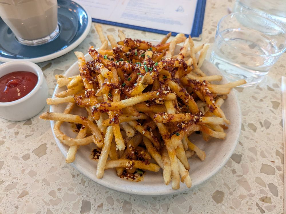 A plate full of fries! I think these were called chili oil fries or something like that. Really thin, *cronchy* things. Very nice