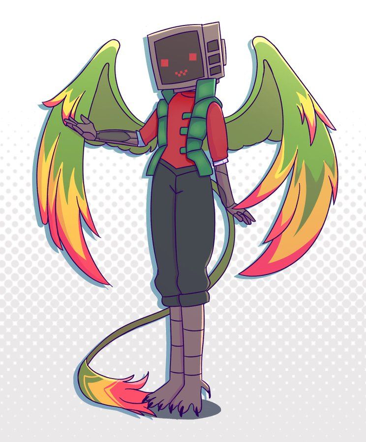 It's a bird person. With  colorfully wings on its back, robotic arms, bird legs and feet. In addition to wearing an older style tv head