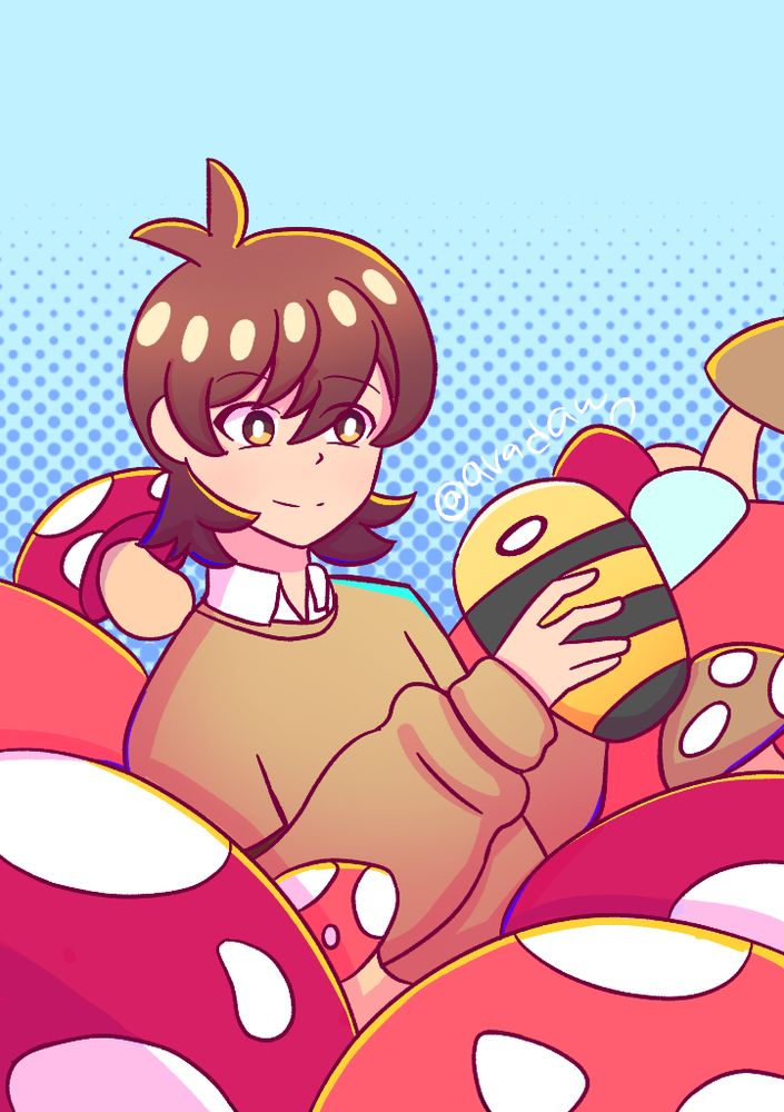 Illustration of a person surrounded by mushrooms while holding a bee