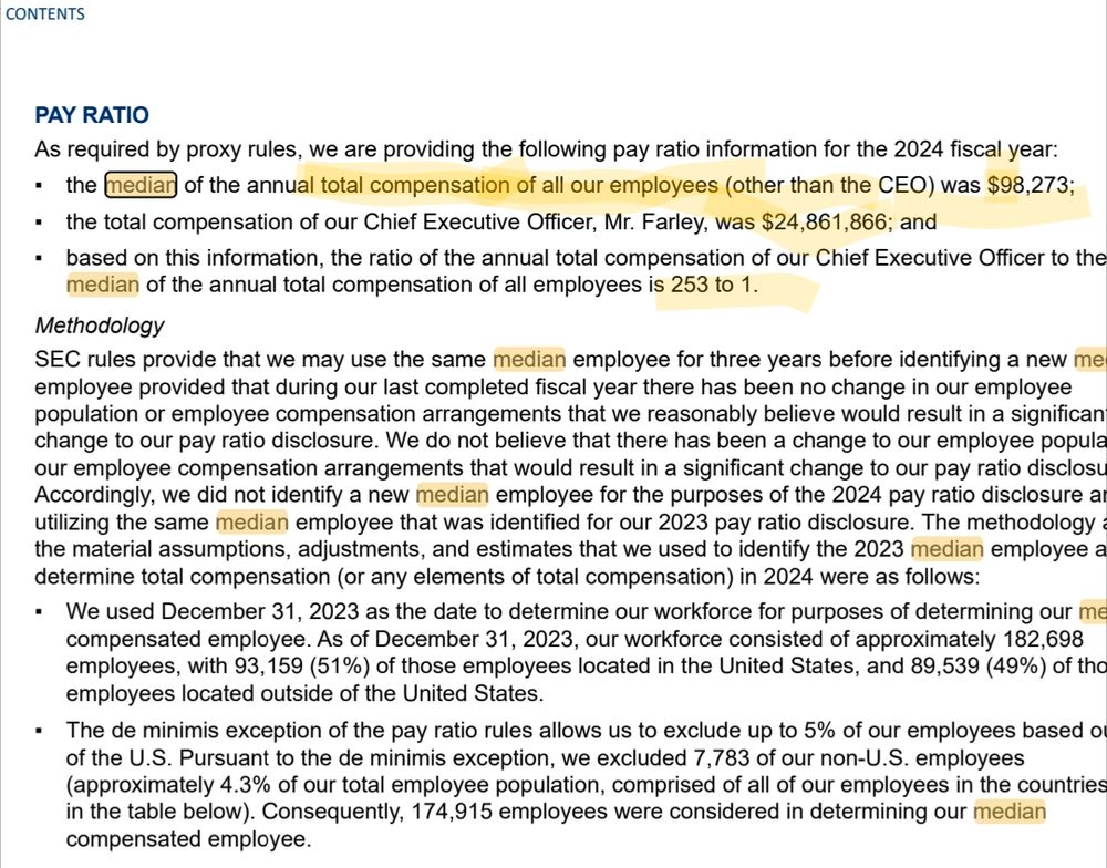 Ford SEC Form DEF14A excerpt 
PAY RATIO
As required by proxy rules, we are providing the following pay ratio information for the 2024 fiscal year:
the median of the annual total compensation of all our employees (other than the CEO) was $98,273;
the total compensation of our Chief Executive Officer, Mr. Farley, was $24,861,866; and
based on this information, the ratio of the annual total compensation of our Chief Executive Officer to the
median of the annual total compensation of all employees is 253 to 1.
