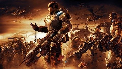 Gears of War 2 game art with Markus holding cog tags.