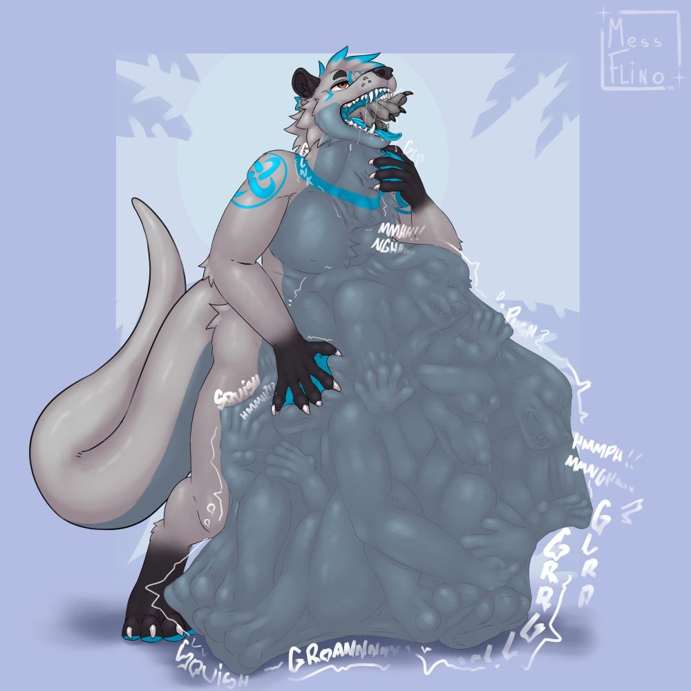 A 2d furry vore illustration featuring a blue and grey otter-wolf hybrid taking the final gulp around the headbulge of one prey as his gut squirms with the defined bulges of multiple prey already guzzled down. 