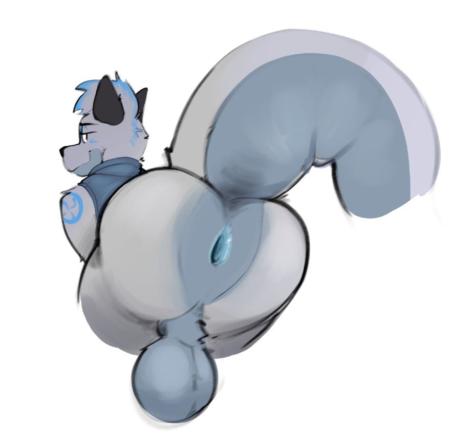 2d furry nsfw colored sketch/illustration showing an otter-wolf hybrid anthro bending over, thick tail arched upwards as his ass is on full display. He is looking back at the viewer with a cocky smirk. 