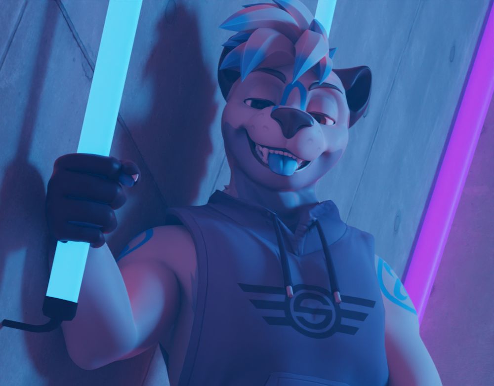 A 3D Otter-Wolf in a nightclub setting, looking at the viewer teasingly.