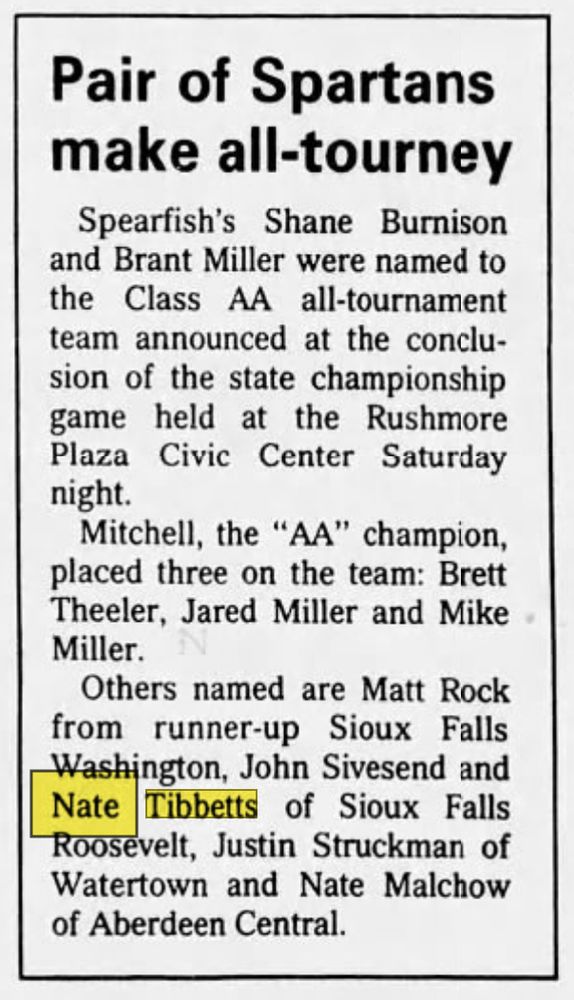 Newspaper clipping with information on the Class AA all-tournament team, including the selection of a "Nate Tibbetts"