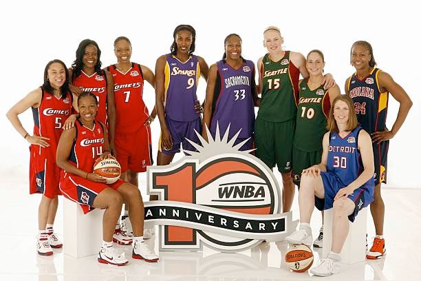 The WNBA All-Decade Team pictured together around the WNBA 10th Anniversary logo