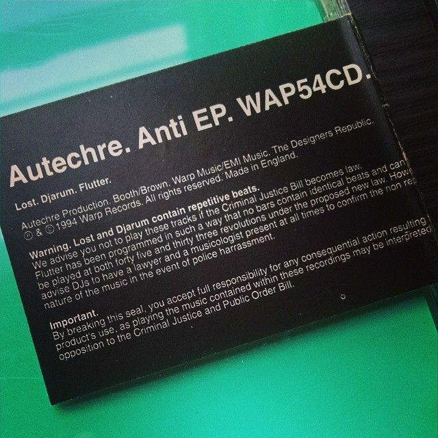 A close-up of the label for Autechre's Anti EP on CD from 1994.
