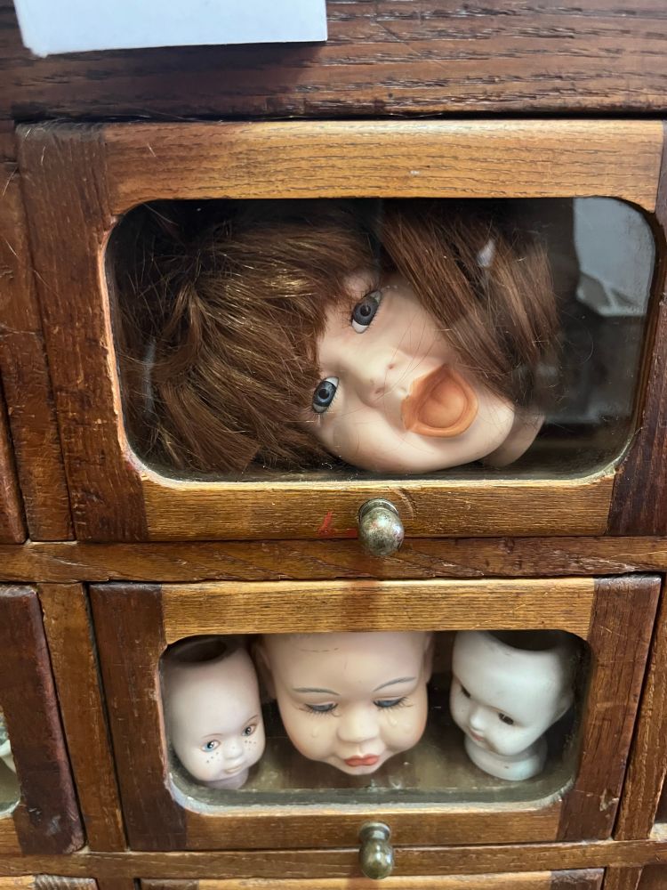 Doll heads in a wooden cabinet with lottle drawers with glass fronts 