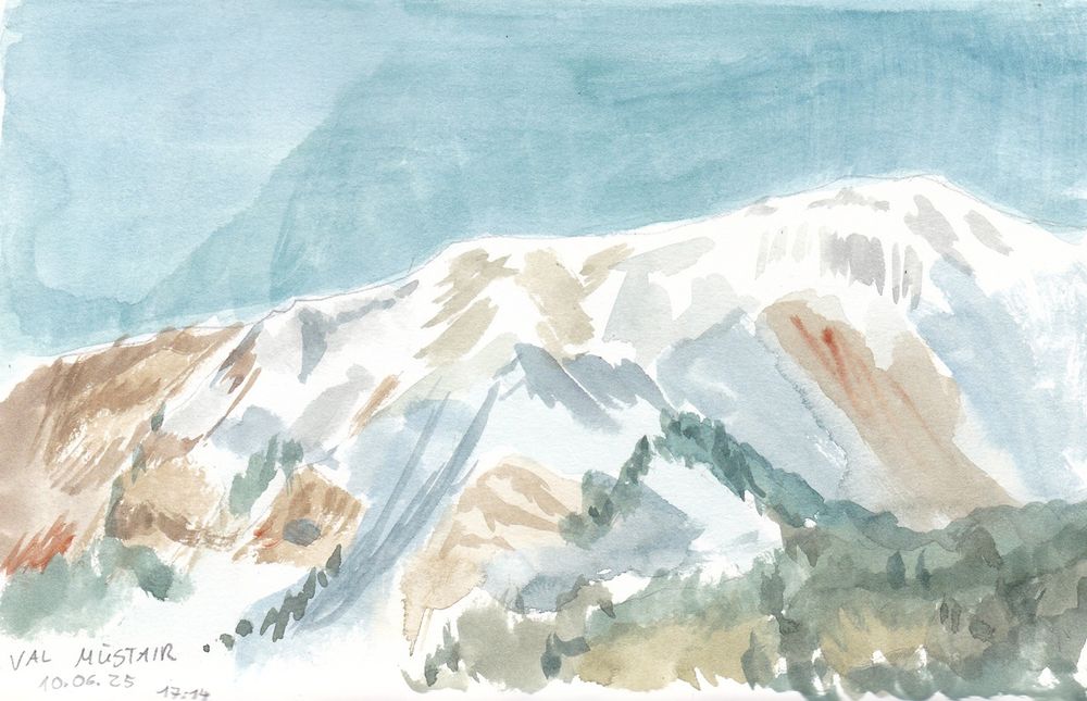 Watercolour sketch of a mountain in the Val Müstair in Switzerland.