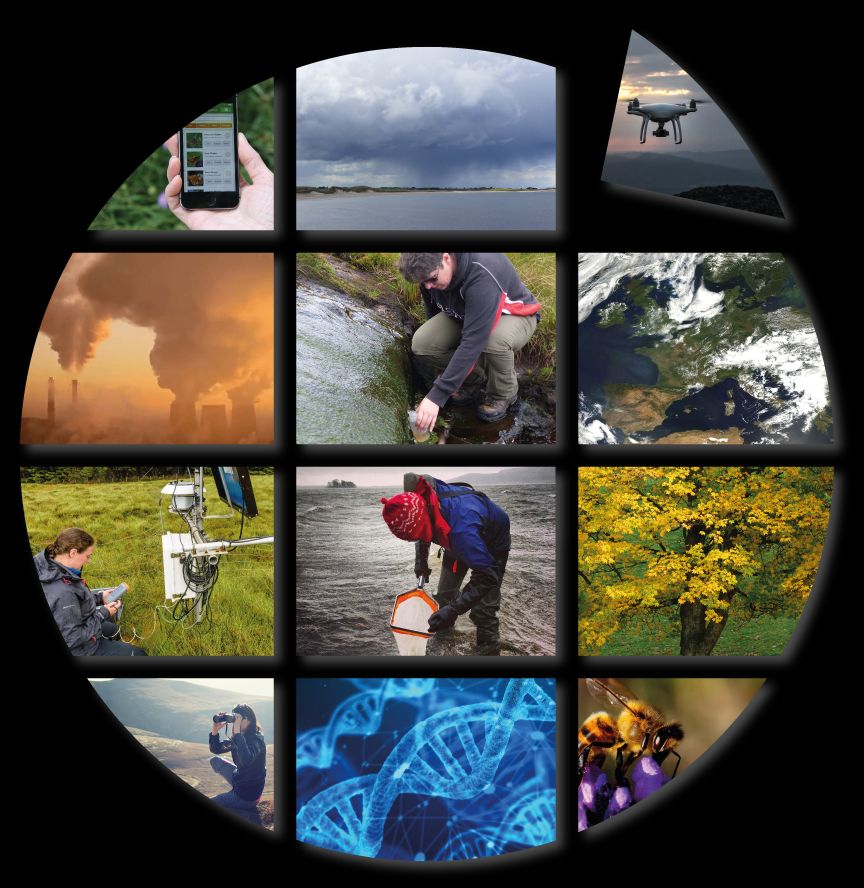 A colourful grid of photos arranged in a circle, depicting different aspects of the environment and environmental monitoring, including citizen science, remote sensing, field observations, sensors, sample collection and DNA analysis. Elements of the environment depicated include water, air (and air pollution) and biodiversity (a tree and a bee).