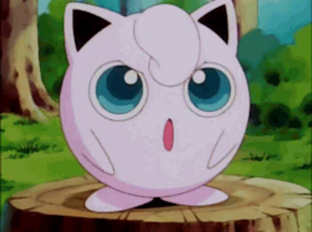 jigglypuff is sitting on a tree stump with a surprised look on its face