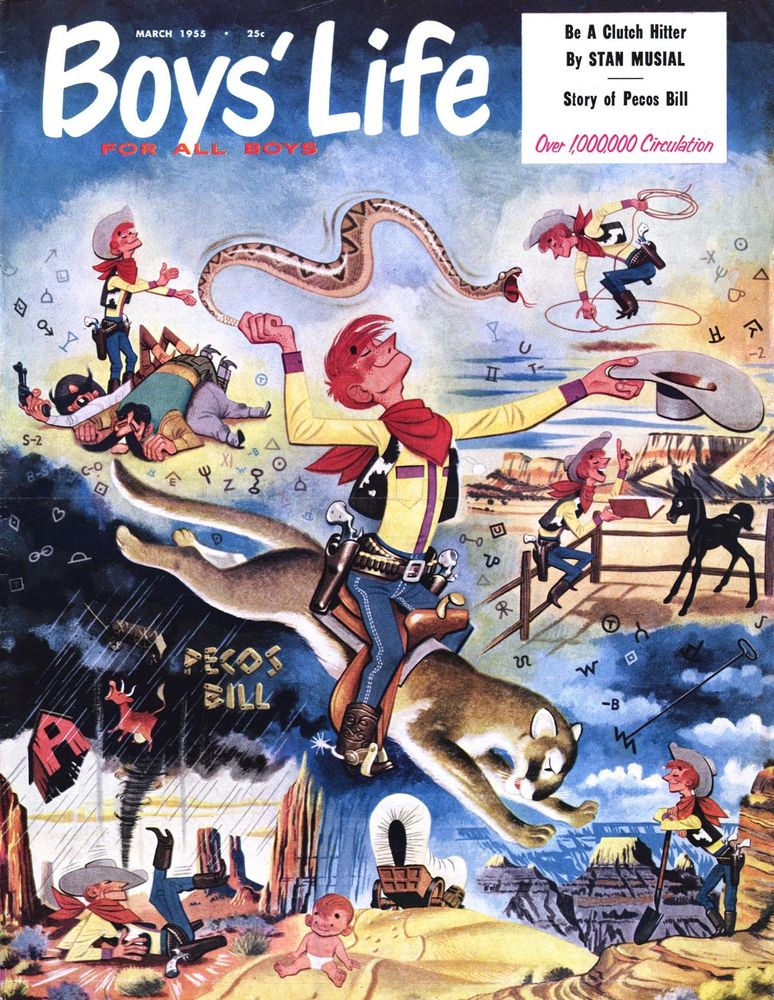 Lowell Hess illustrates the life of Pecos Bill for a Boy's Life cover.
