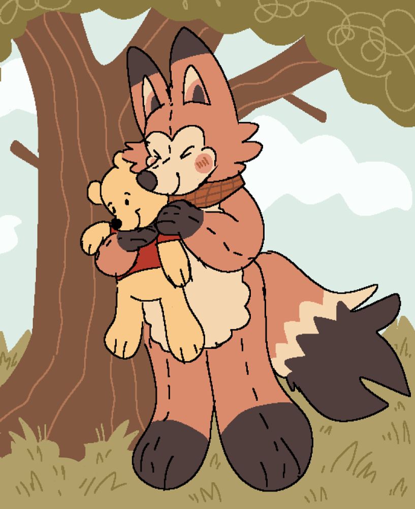 killian (she/it/he/they/fox/kit) the plush fox kit hugging a winnie the pooh plush. she's standing in a forest clearing next to a tree