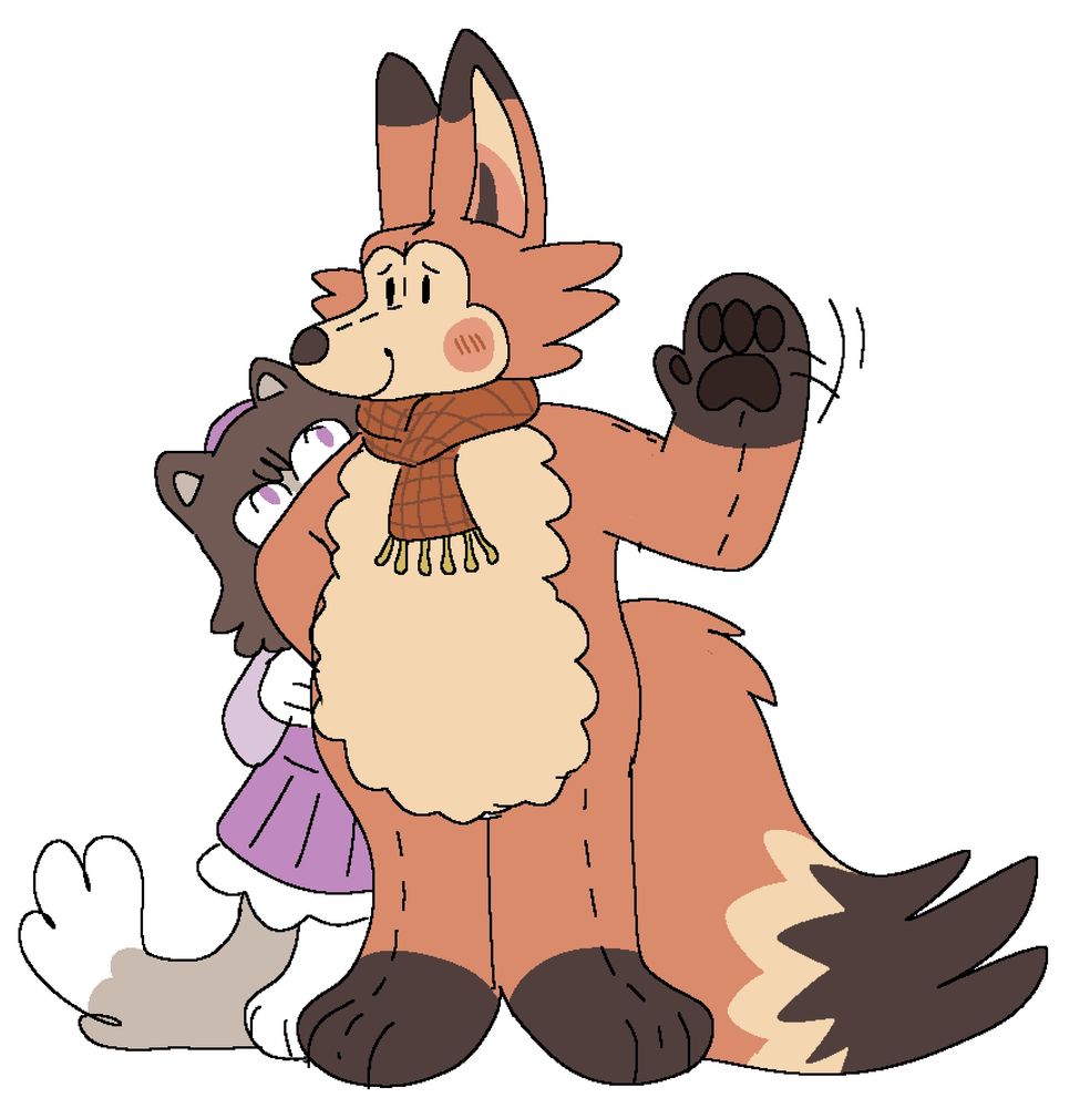 kipper the kitten (they/she) hiding behind killian the plush fox (she/it/he/they/fox/kit). -killian is waving, nervous but friendly, while kip is looking towards killian