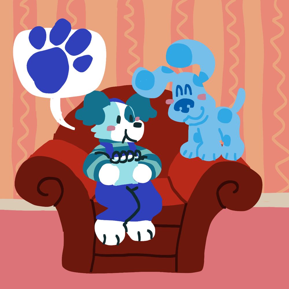 self insert art of skye (she/they) the anthro blue puppy in the blues clues universe. she is sitting on the red thinking chair and talking to blue about clues