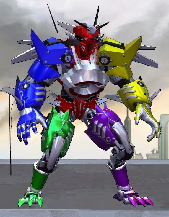 A screenshot from the character select of the superhero MMORPG, Champions Online, showing a character outfitted in gundam-like mechanical body parts with the right and left arms and legs being primarily colored, respectively, blue, yellow, green, and purple, with the torso and head being colored red. The mech's head is mustelid in shape, and its legs are clawed and digitigrade.