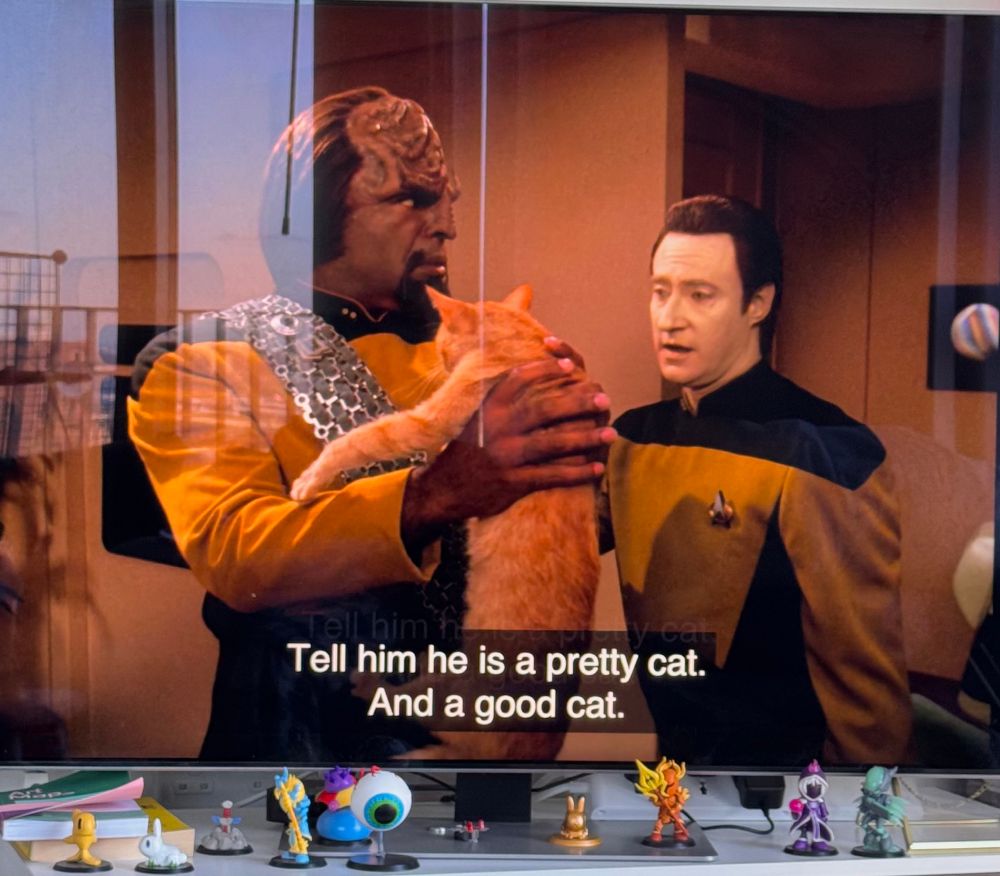 A still from Star Trek: The Next Generation, in this episode Data asks Worf to take care of his cat Spot, while Worf holds his cat awkwardly, Data is looking at Spot and the subtitles show Data’s line “Tell him he is a pretty cat. And a good cat.”, with Worf giving a judgmental look to Data.

Even though Data is an android that is not capable of feelings, he understands what the other needs (in this case, a cat), while Worf is a Klingon warrior full of intense feelings but it’s not capable of seeing beyond his own perspective.