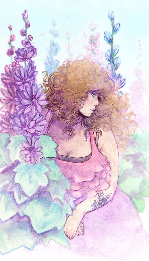 a light watercolor painting of a woman with curly auburn hair and a floral tattoo on her arm, wearing a pink ruffled dress, staring down and to the side. she sits amongst tall purple and blue flowers.