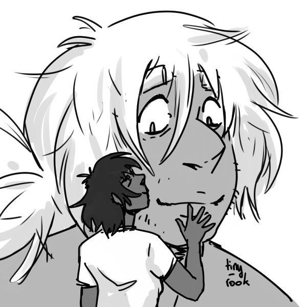 Monochrome drawing of a giant man getting a little smooch on the cheek from a human sized woman