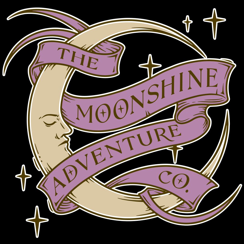 Moonshine Adventure Company's logo - a sand-coloured moon with thoughtful expression, wrapped in a lilac banner which reads "The Moonshine Adventure Co.". Long dark red four-pointed stars are dotted in the background.