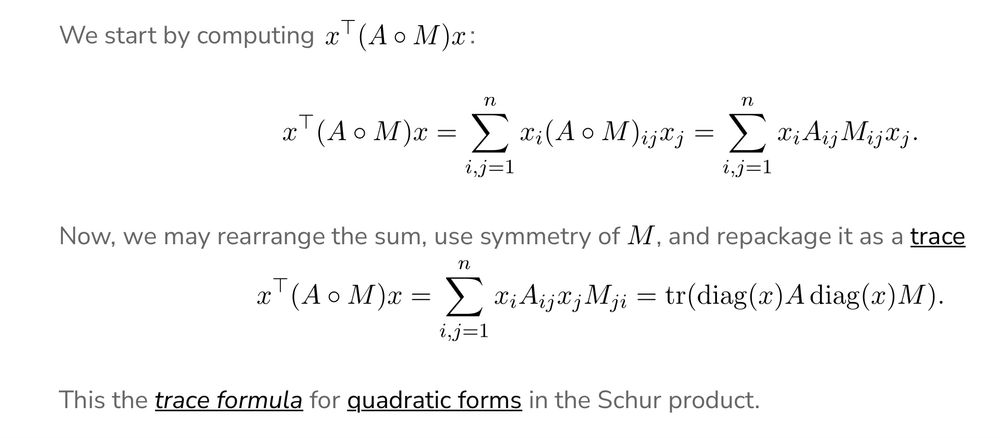 We start by computing $x^\top (A\circ M)x$: $$x^\top (A\circ M)x = \sum_{i,j=1}^n x_i (A\circ M)_{ij} x_j = \sum_{i,j=1}^n x_i A_{ij} M_{ij} x_j.$$Now, we may rearrange the sum, use symmetry of $M$, and repackage it as a trace $$x^\top (A\circ M)x = \sum_{i,j=1}^n x_i A_{ij} x_j M_{ji} = \tr(\operatorname{diag}(x) A \operatorname{diag}(x) M).$$This the trace formula for quadratic forms in the Schur product.
