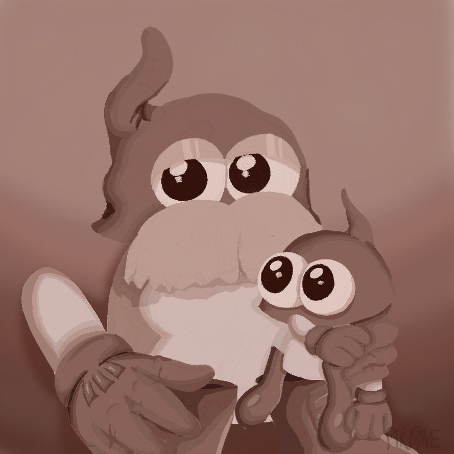 Grandpappy Plok posing for a painting with a younger Plok sitting on his knee