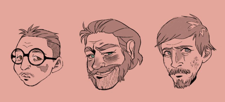 Small doodles of Kim, Harry and Jean's respective faces.