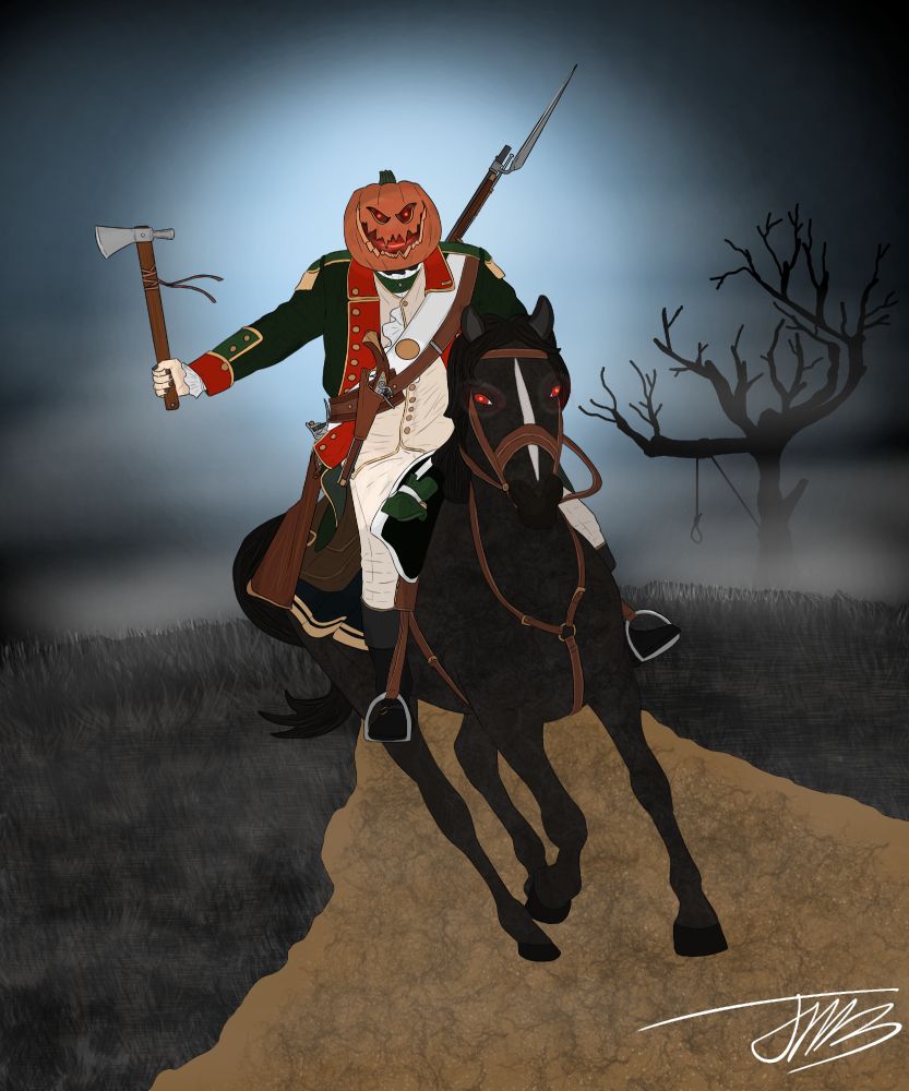 A dark and foggy night where a hessian mercenary with the head of a jack-o-lantern rides a grim black steed towards the viewer, its eyes like embering coals.