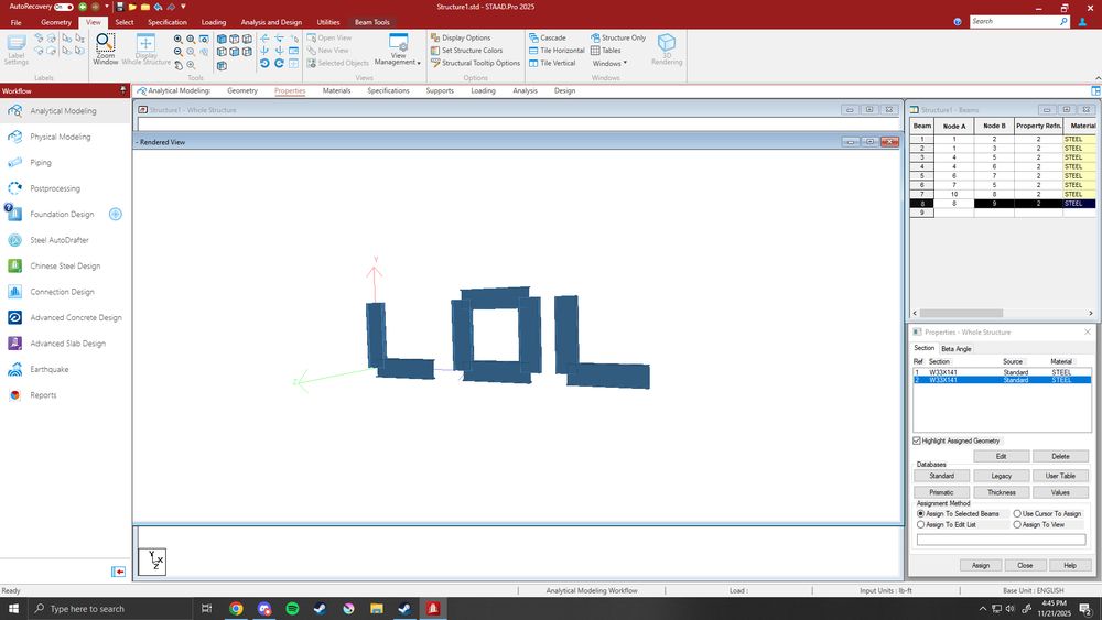 A STAAD pro structure spelling out lol