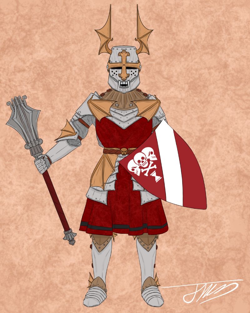 A vampire in plate mail with a red tabard and a massive mace and shield. The armor has a bat wing motif and the helmet has fangs.