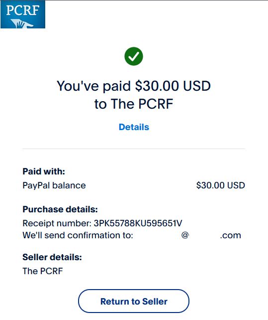An online receipt for a $30 payment to the PCRF, the Palestine Children's Relief Fund