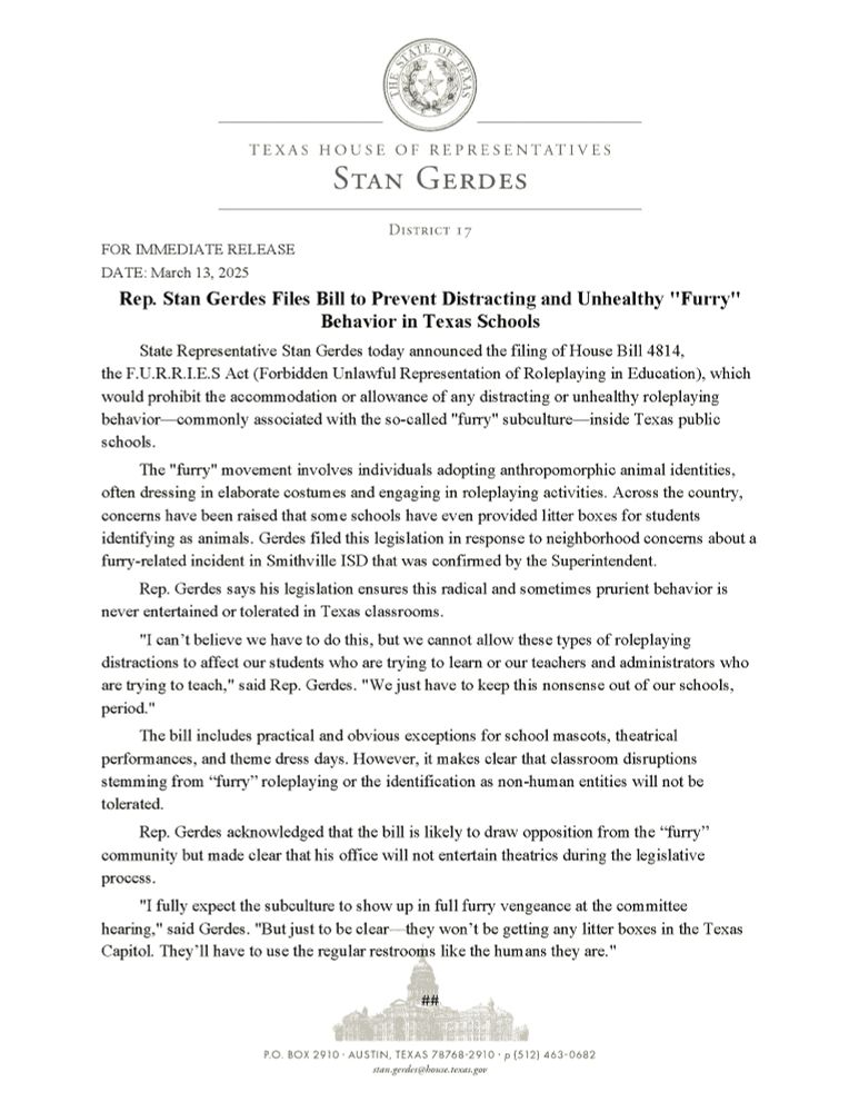Stan Gerdes's press release about his bill from March 13.