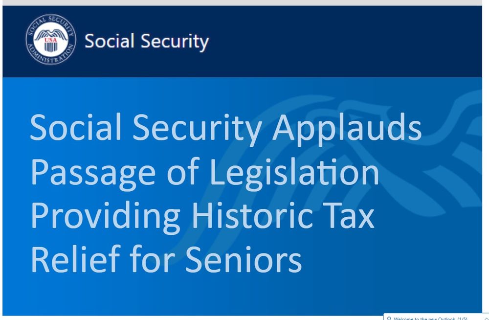 The title of an email from the Social Security Administration reads "Social Security Applauds Passage of Legislation Providing Historic Tax Relief for Seniors"