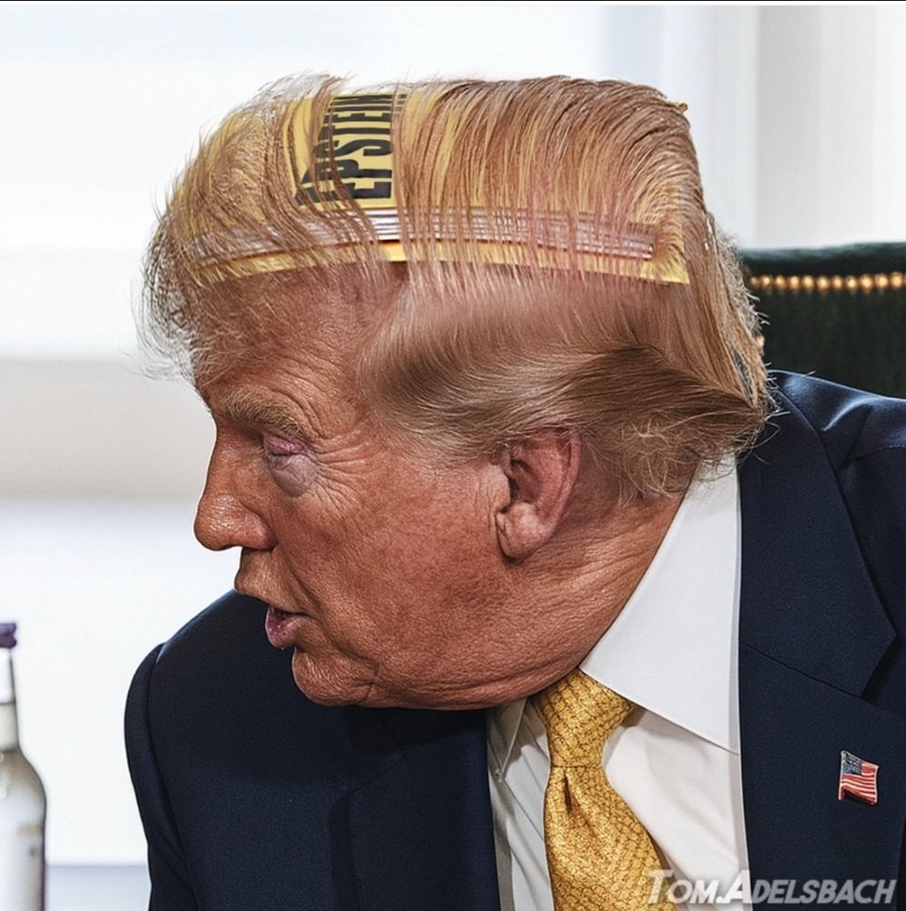 Trump with his comb over hair barely covering a file that says Epstein