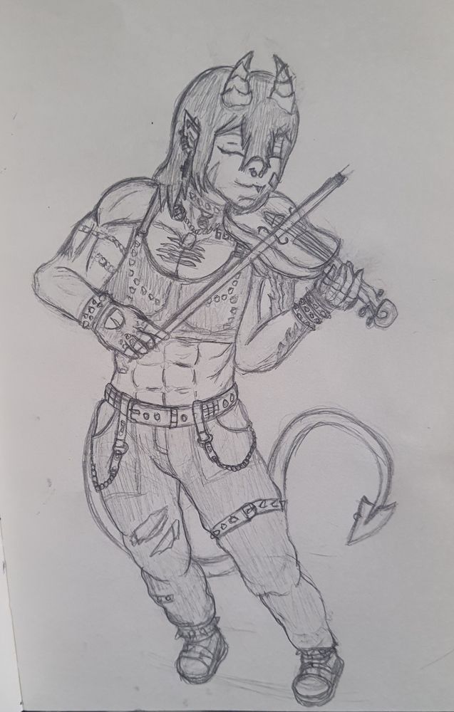 Esboço da minha OC Helljin uma demônio usando top preto com espinho, calça larga com cinto e corentes e coturno tocando violino