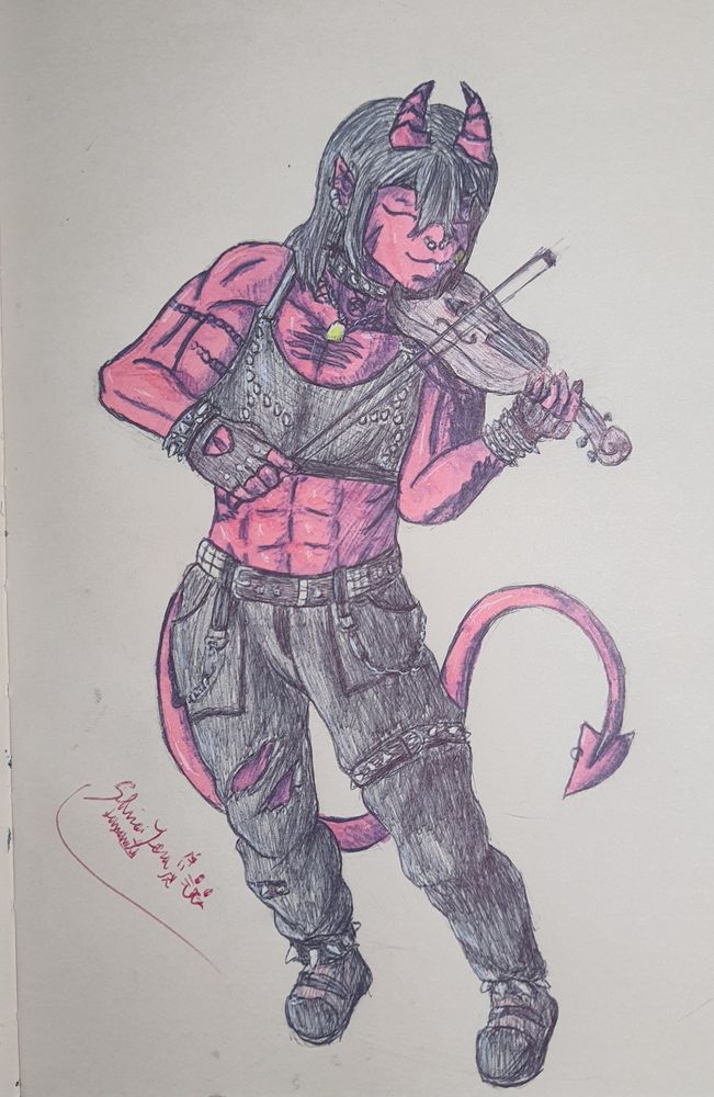 Minha OC Helljin uma demônio usando top preto com espinho, calça larga com cinto e corentes e coturno tocando violino