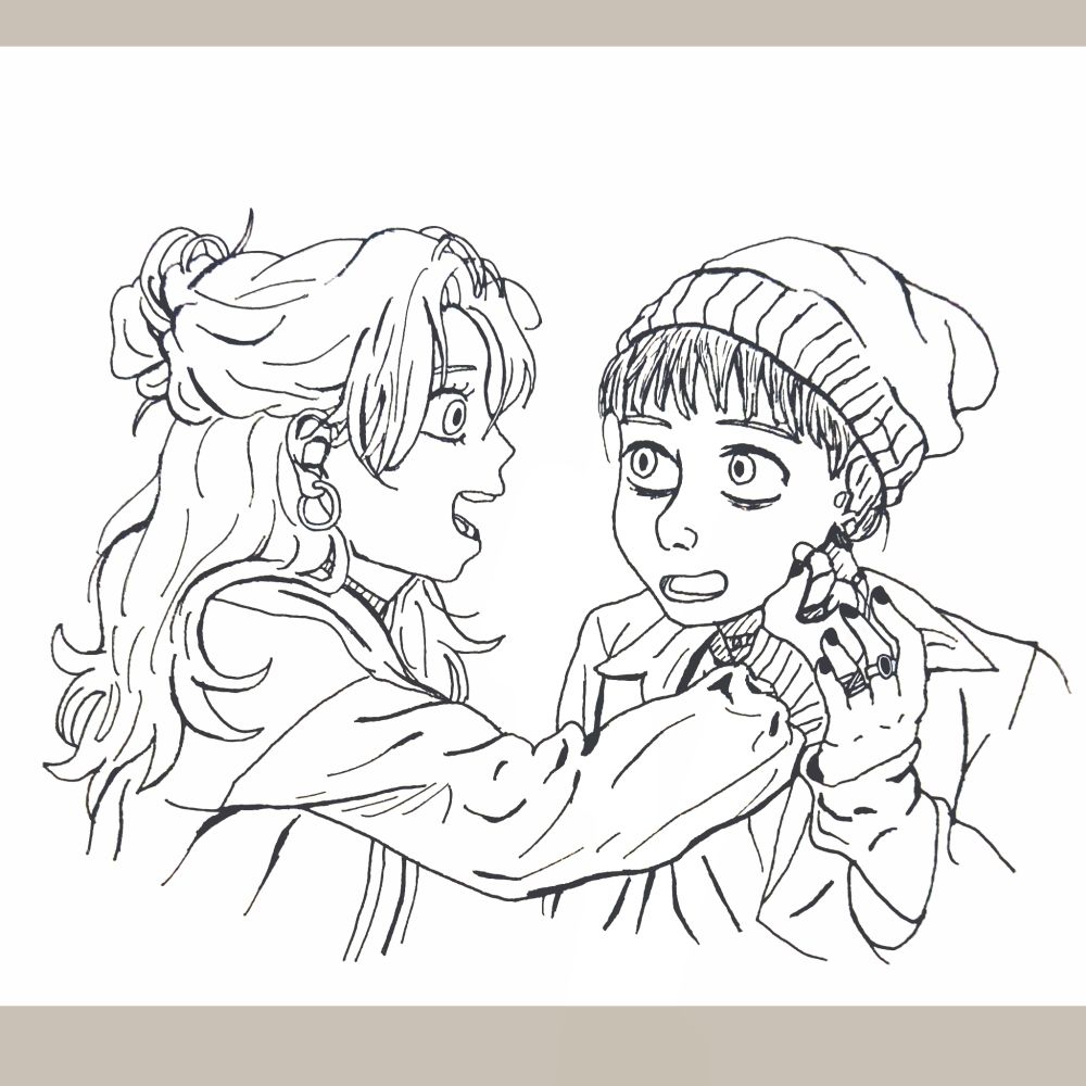 Fanart das lésbicas verdes, a esquerda Oosawa Aya entregando um fone para Mitsuki Koga que está a sua direita