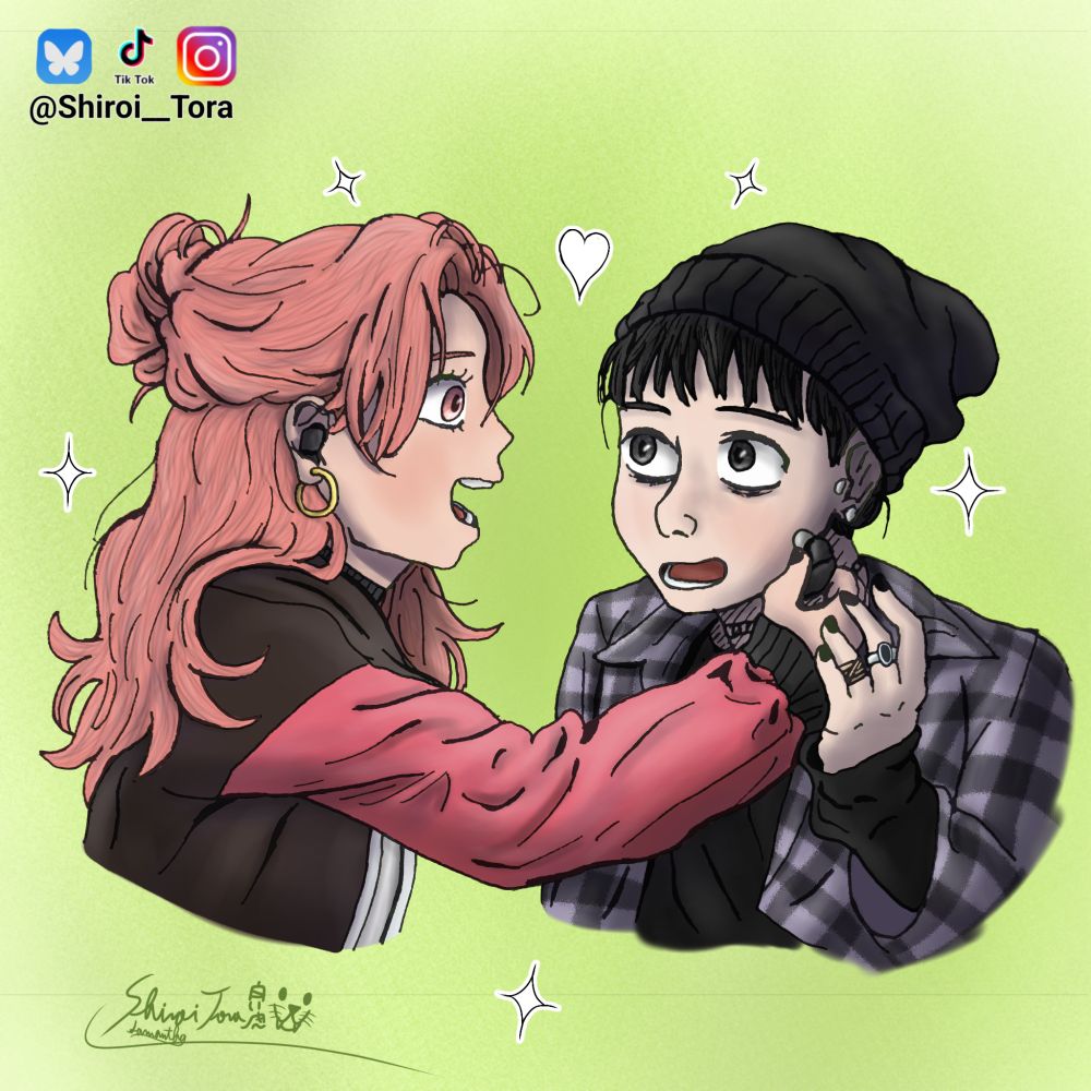 Fanart das lésbicas verdes, a esquerda Oosawa Aya entregando um fone para Mitsuki Koga que está a sua direita