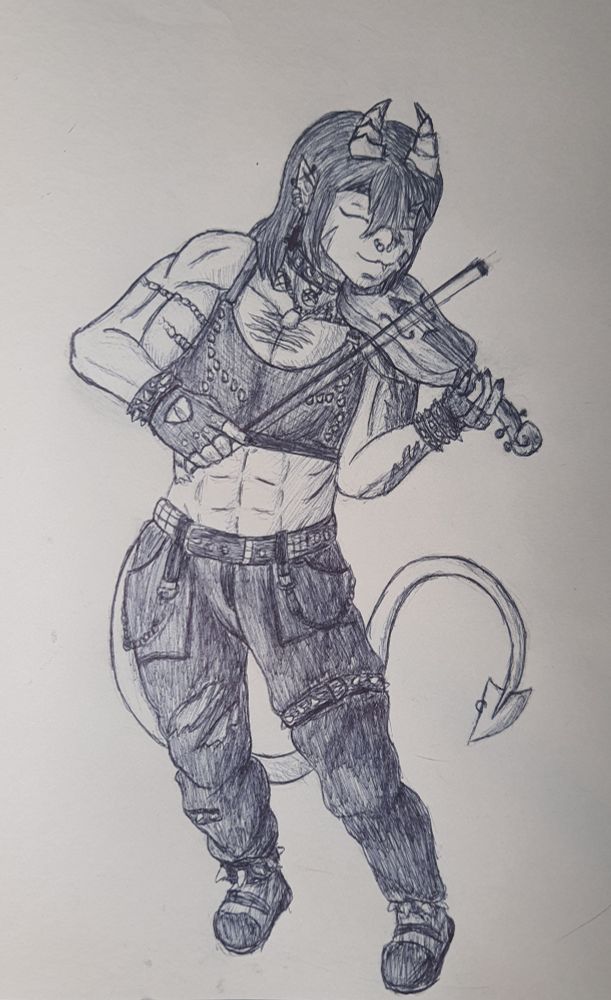 Minha OC Helljin uma demônio usando top preto com espinho, calça larga com cinto e corentes e coturno tocando violino 