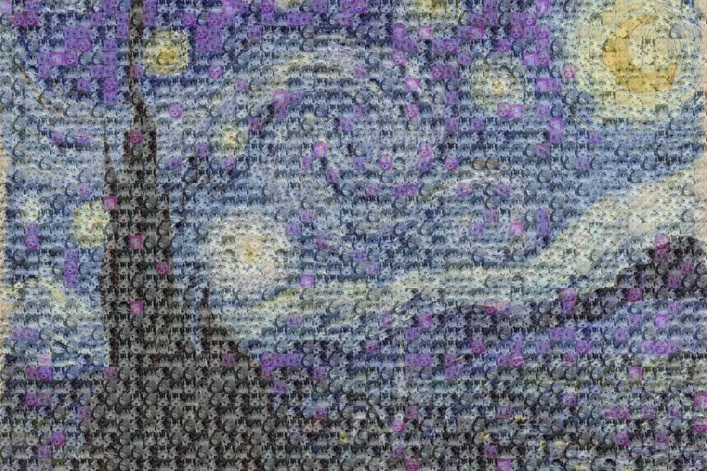 A mosaic of Van Gogh's "Starry Night," but the mosaic consists of various anime ahegao faces.