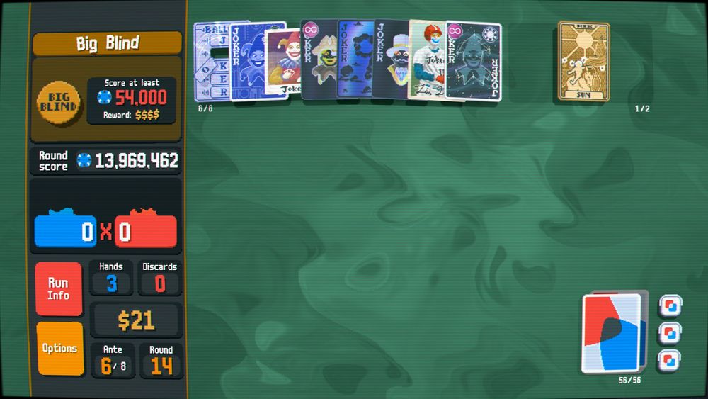 A screenshot of Balatro, Ante 6/8, on Blue Stake difficulty. 
Thunder has 8 Jokers on an Anaglyph Deck run, those being Hanging Chad (foil), Blueprint, Photograph, Swashbuckler (negative), Cloud 9 (negative), Showman (negative), Baseball Card, and Constellation.
The round score is 13,969,462.