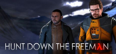 The banner art for 'Hunt Down The Freeman', a Half Life fan game officially sold on Steam. On it, the protagonist Mitchell Shepard stands next to Half Life lead Gordon Freeman (who does not appear 'in the flesh' in the final game), in an icy mountain range where one of the game's levels are set.