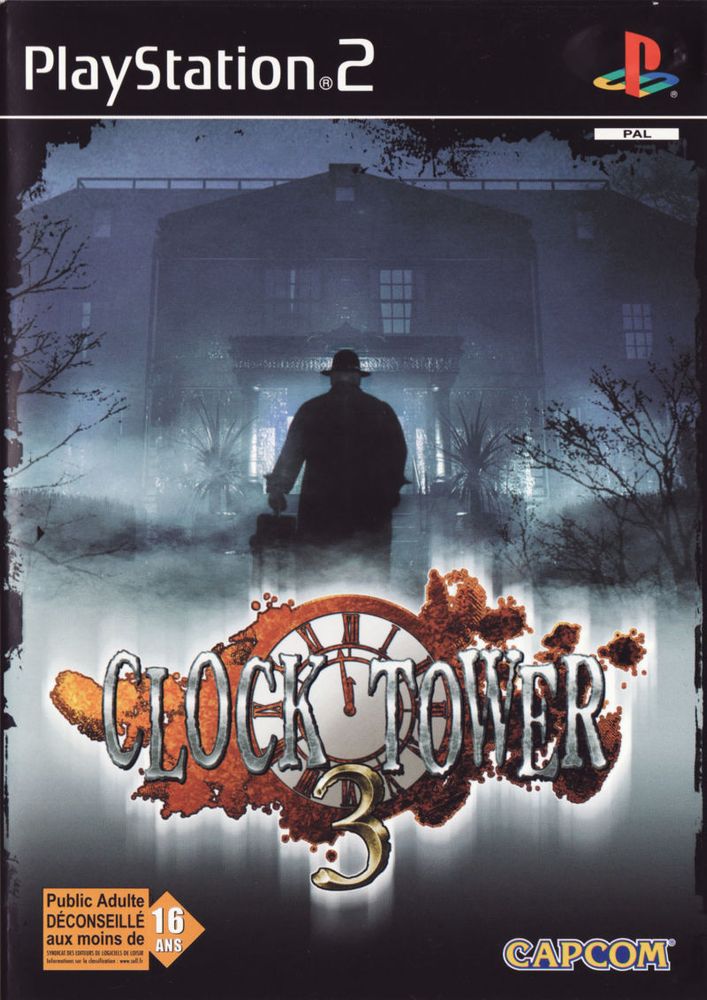 The box art for Clock Tower 3 in Europe: a silhouetted figure stands before a foggy mansion. Seems appropriately atmospheric for a horror game, right?