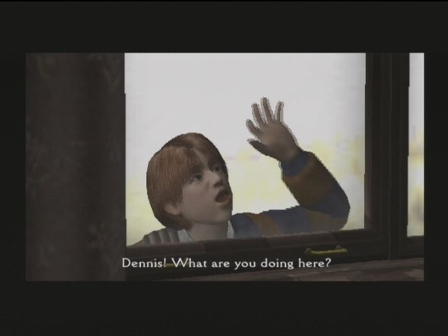 Supporting character Dennis, looking like Ron Weasley, banging on the window with a gormless expression and an open hand with fingers apart. He's supposed to be a teenager but he acts like a toddler in this scene.