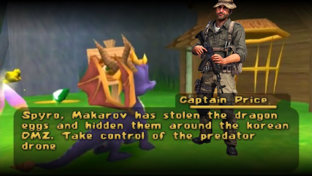 An edited Spyro 3 screenshot where Spyro is talking to Captain Price, who claims Makarov has stolen the Dragon Eggs
