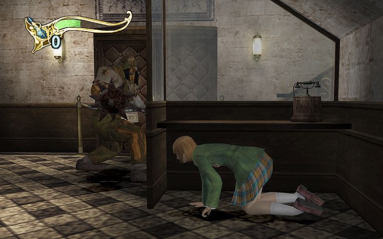 The game's protagonist, Alyssa, hides under a reception desk from antagonist Sledgehammer. Alyssa is on all-fours and it looks more like 2 kids playing Hide and Seek than a girl hiding from a bloodthirsty killer.
