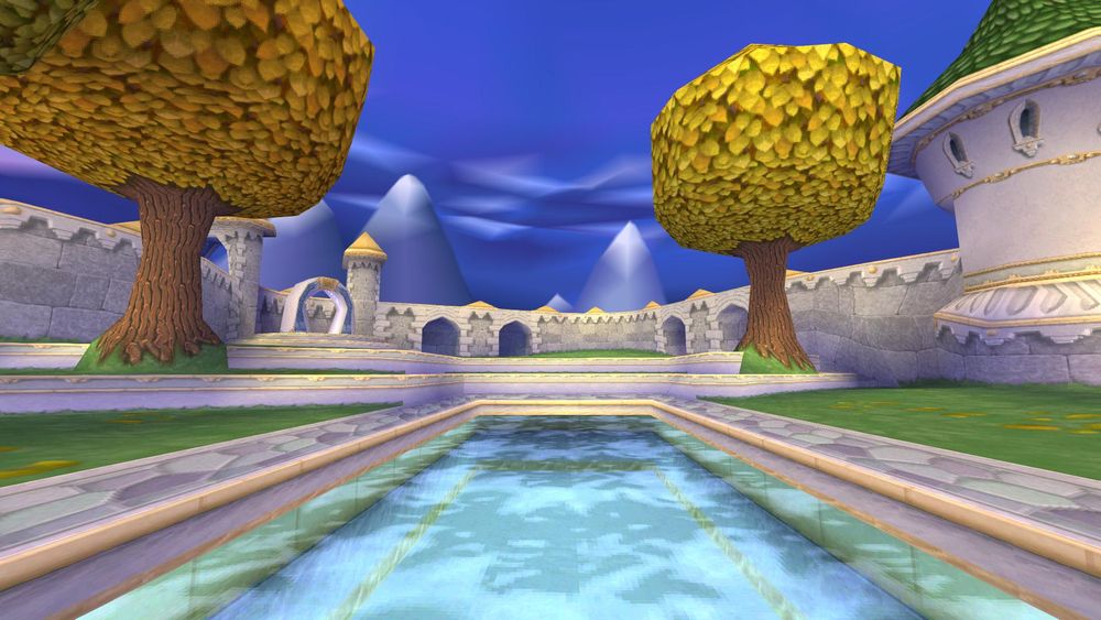 A pool of water surrounded by trees and castle walls in Autumn Plains from Spyro 2