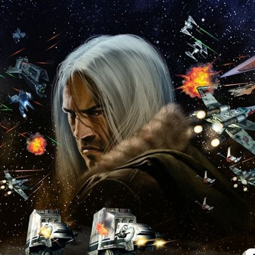 The head of Tyber Zann, the lead hero of the Zann Consortium faction in Star Wars: Empire At War. Also a few ships flying around. wheeeeeee